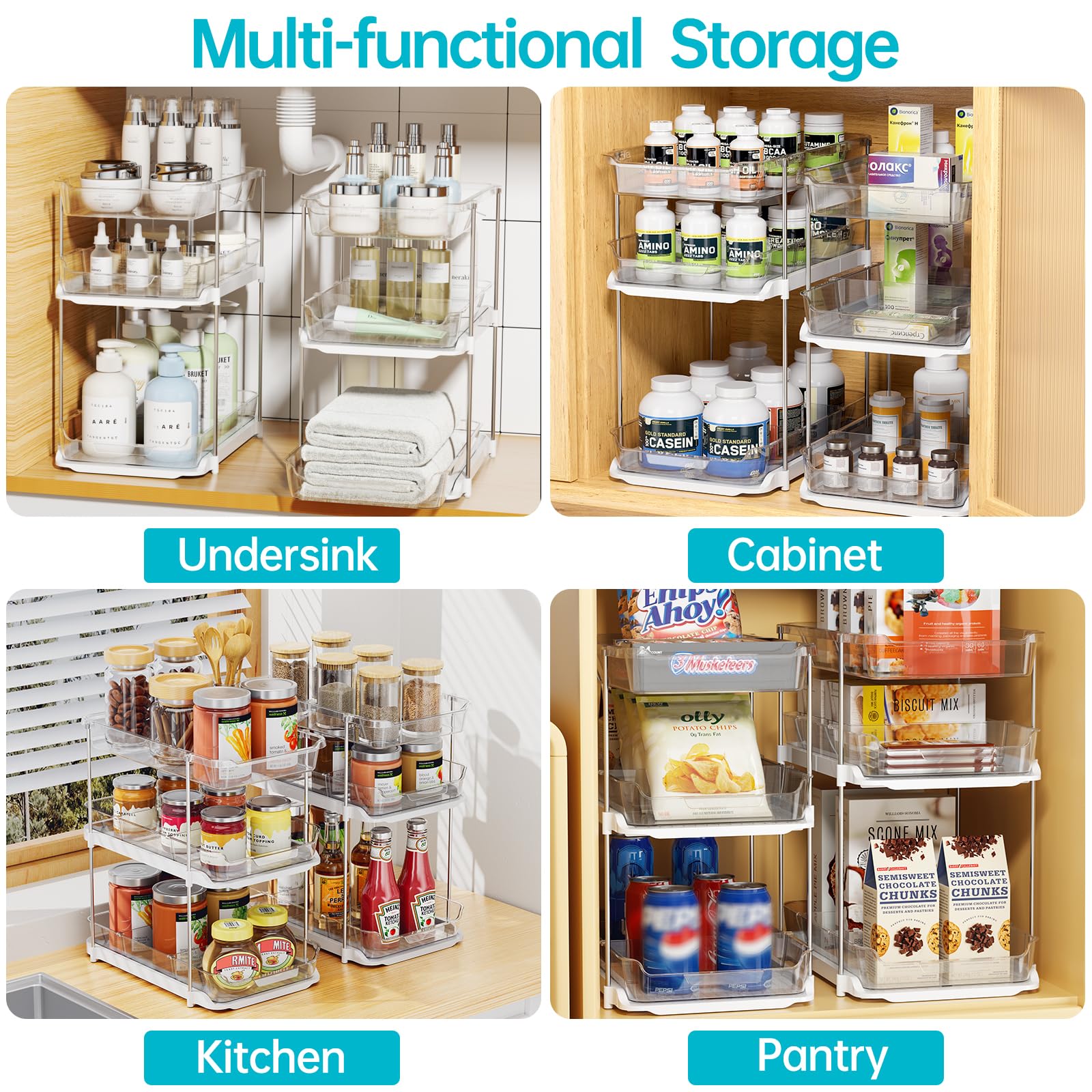 Delamu Modular 3-Tier Pull-Out Under Sink Organizer Set – Stackable Clear Storage System for Kitchen & Bathroom (White)