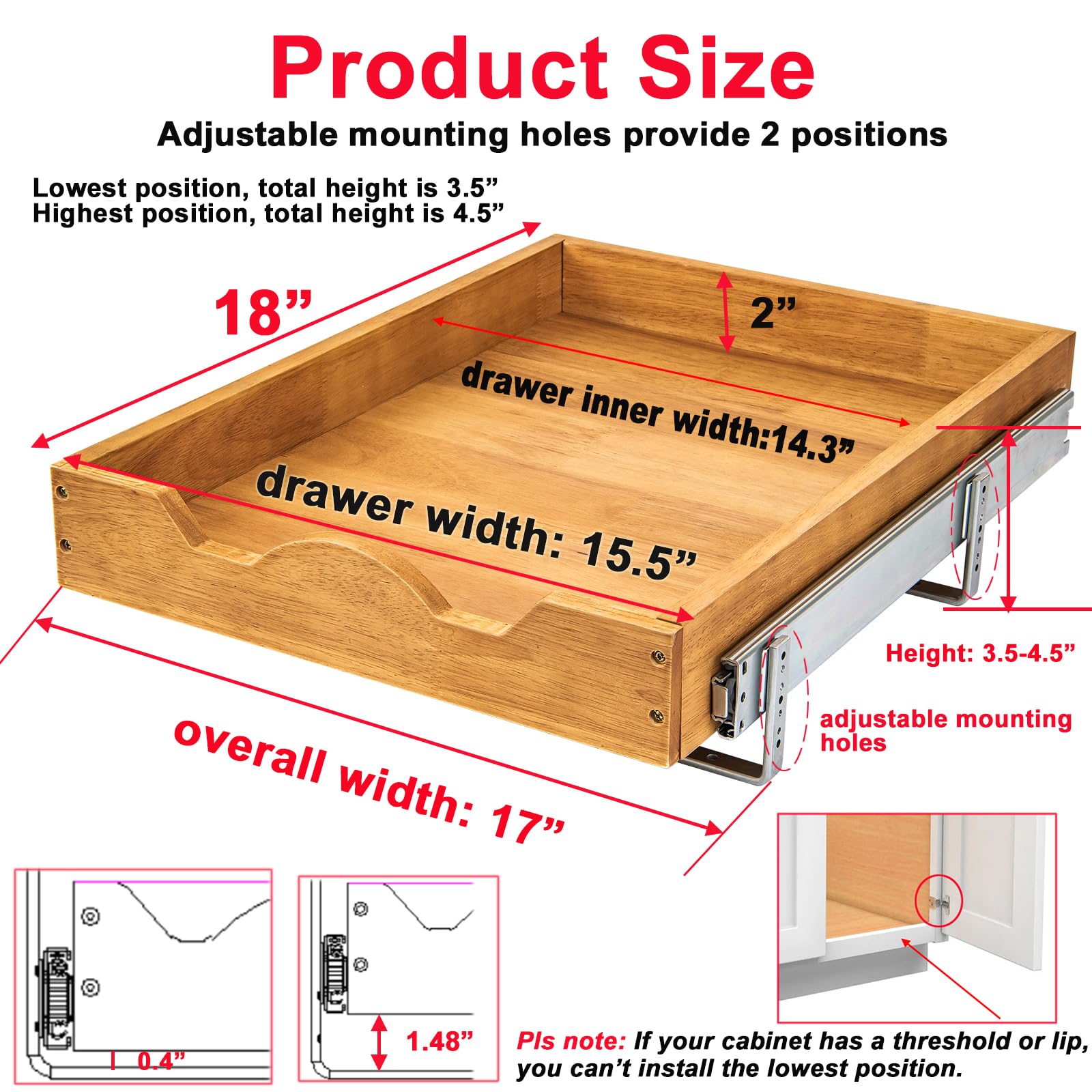DINDON Oak Wood Single-Tier Pull-Out Cabinet Shelf – Heavy-Duty Slide-Out Drawer for Under-Counter Storage (1 Tier)