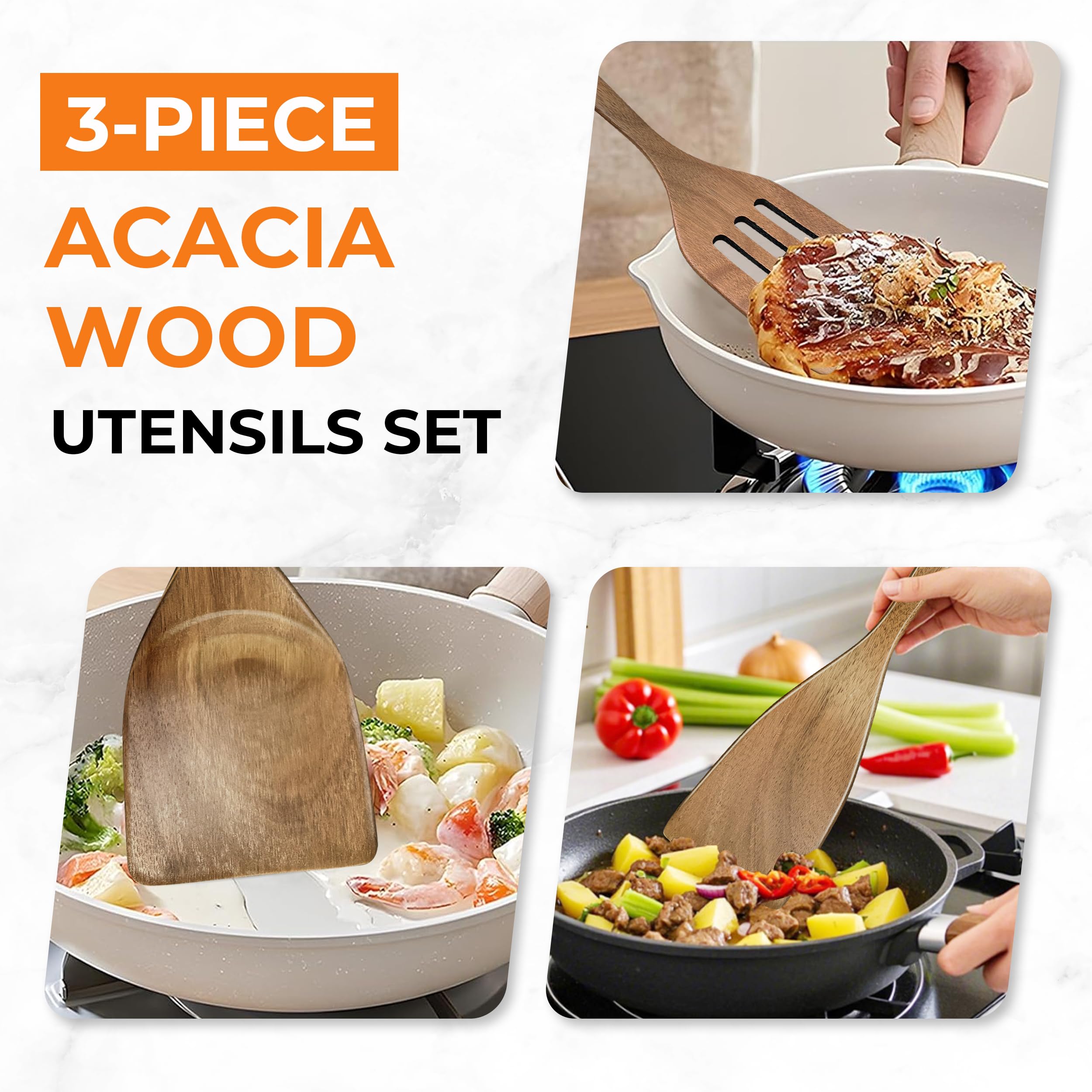 3-Piece Acacia Wood Spatula Set – Natural Wooden Cooking Utensils for Nonstick Cookware