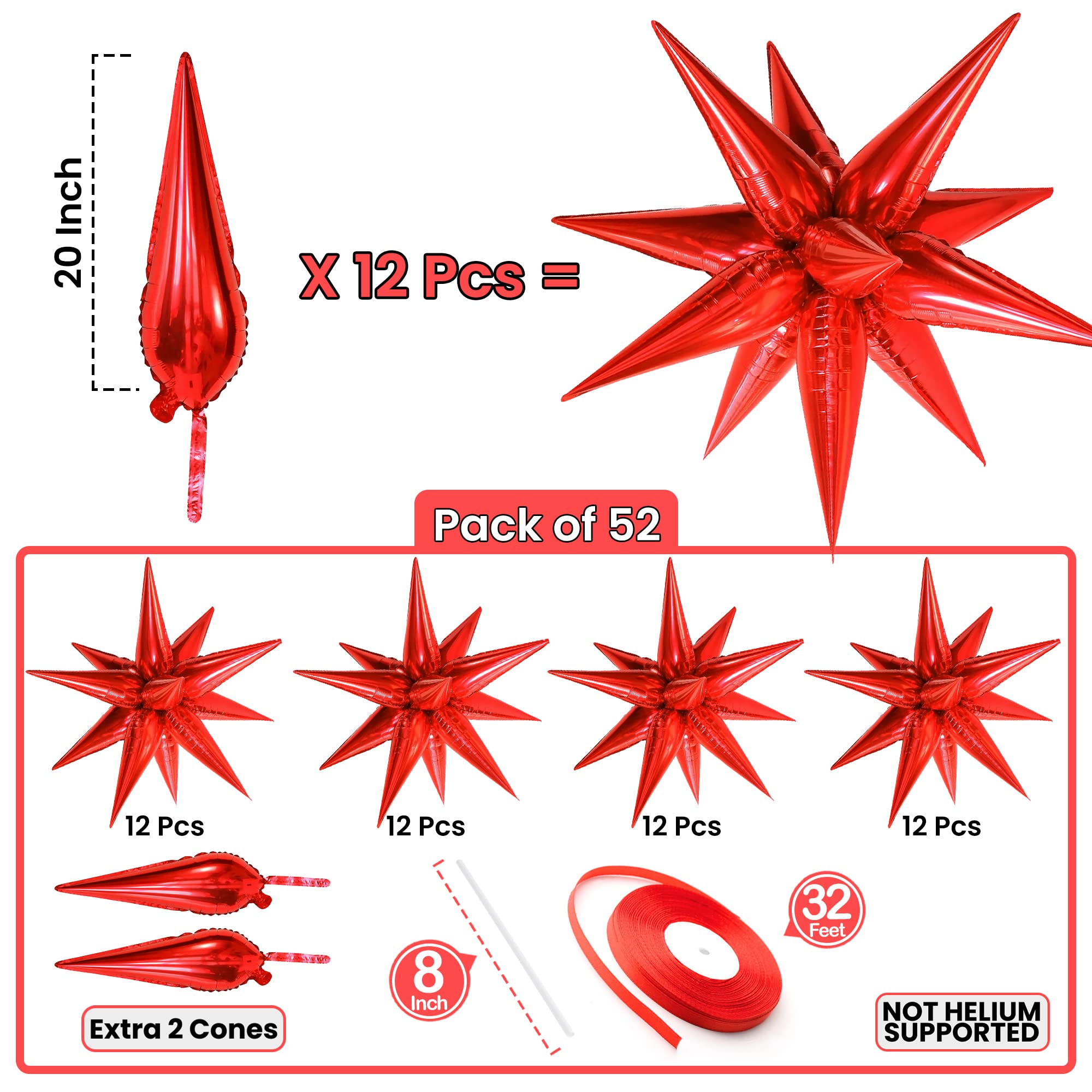 Red Starburst Foil Balloons – 50 Pack (20x6") Metallic Spike Star Balloons for Parties & Events