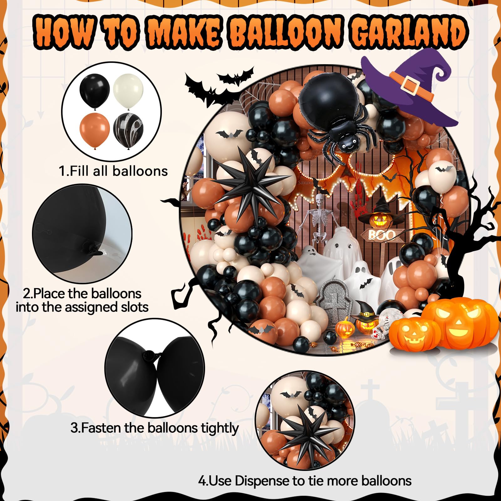 Halloween Balloon Arch Kit – Black, Green & Purple Garland with Ghost & Witch Foil Balloons + 3D Bat Stickers