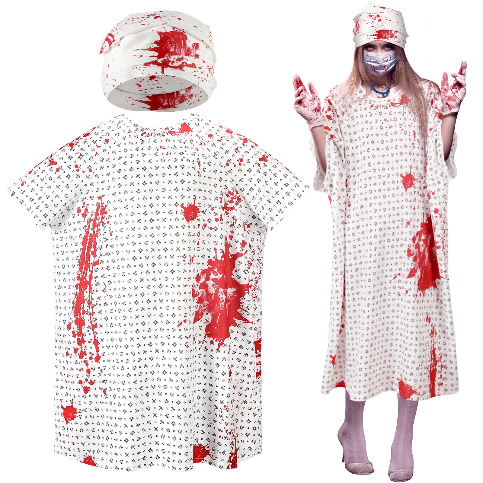 Bloody Hospital Patient Costume – Unisex Gown with Bloodstains & Gauze Bandage Set 🩸🏥