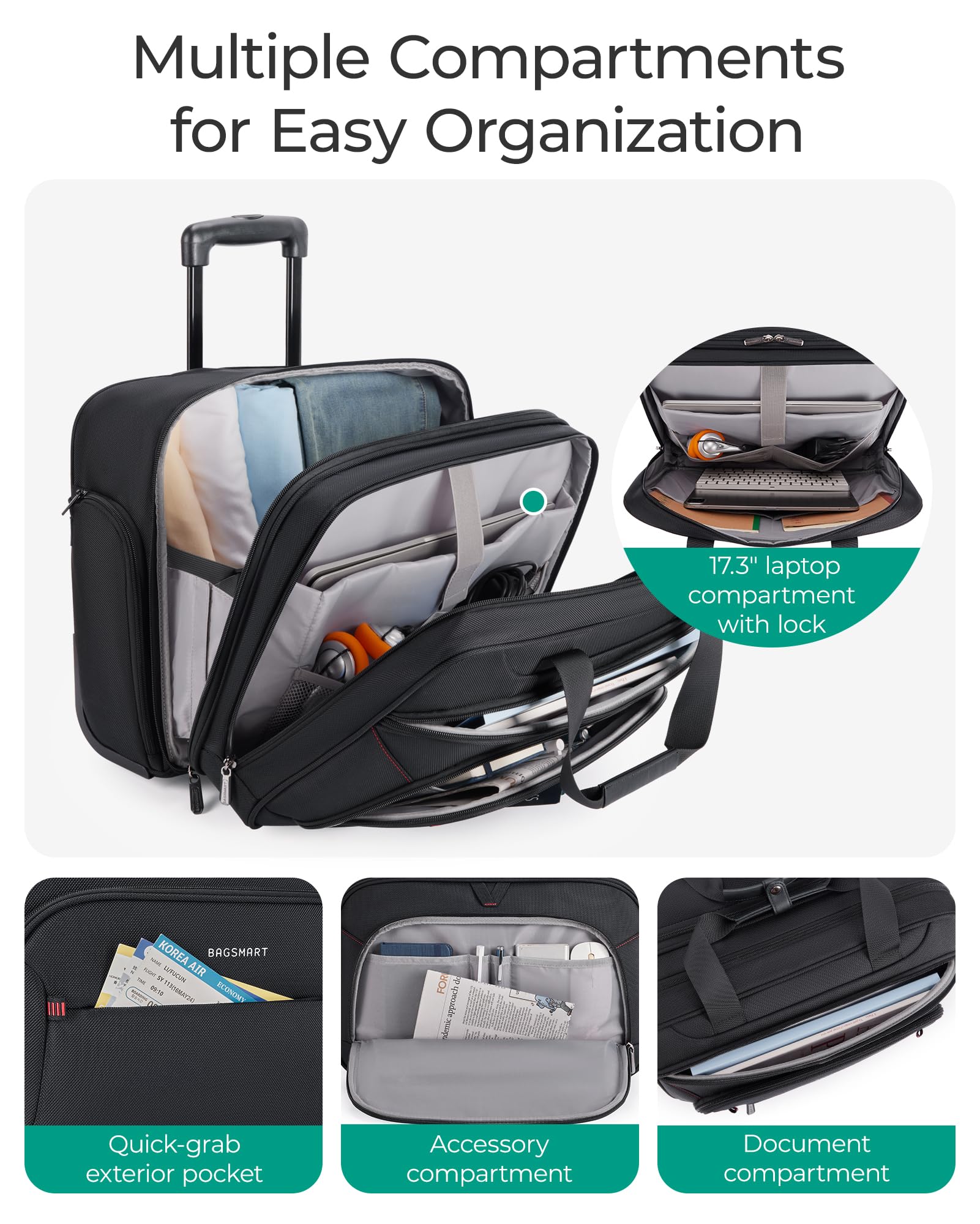 Bagsmart Rolling Laptop Briefcase with Wheels for 17.3-Inch Laptop & TSA Lock – Black