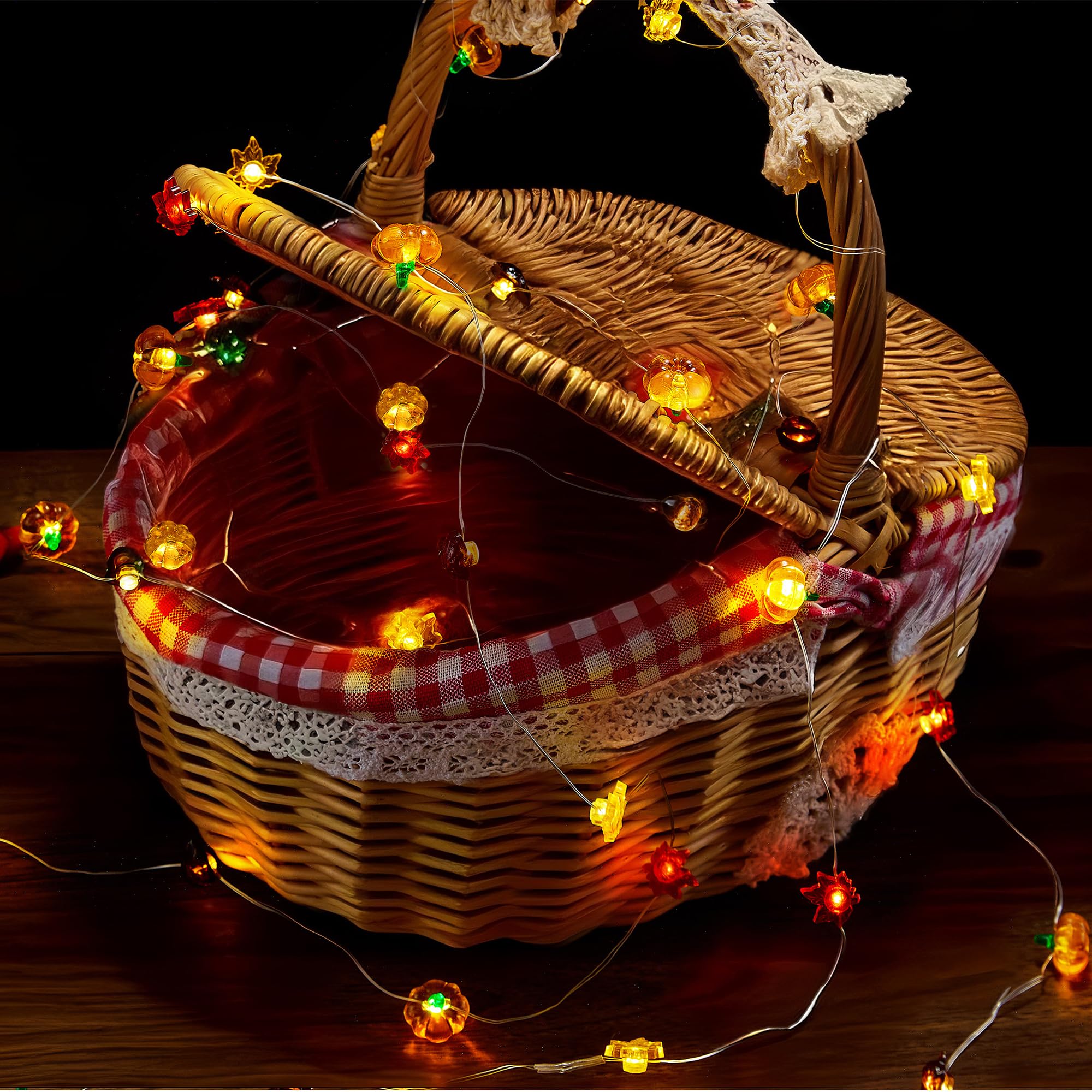 Autumn Harvest String Lights – 10 Pumpkins, 10 Acorns & 20 Maple Leaves on Copper Wire, Battery Operated with Timer (Orange)