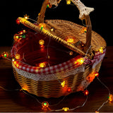 Autumn Harvest String Lights – 10 Pumpkins, 10 Acorns & 20 Maple Leaves on Copper Wire, Battery Operated with Timer (Orange)
