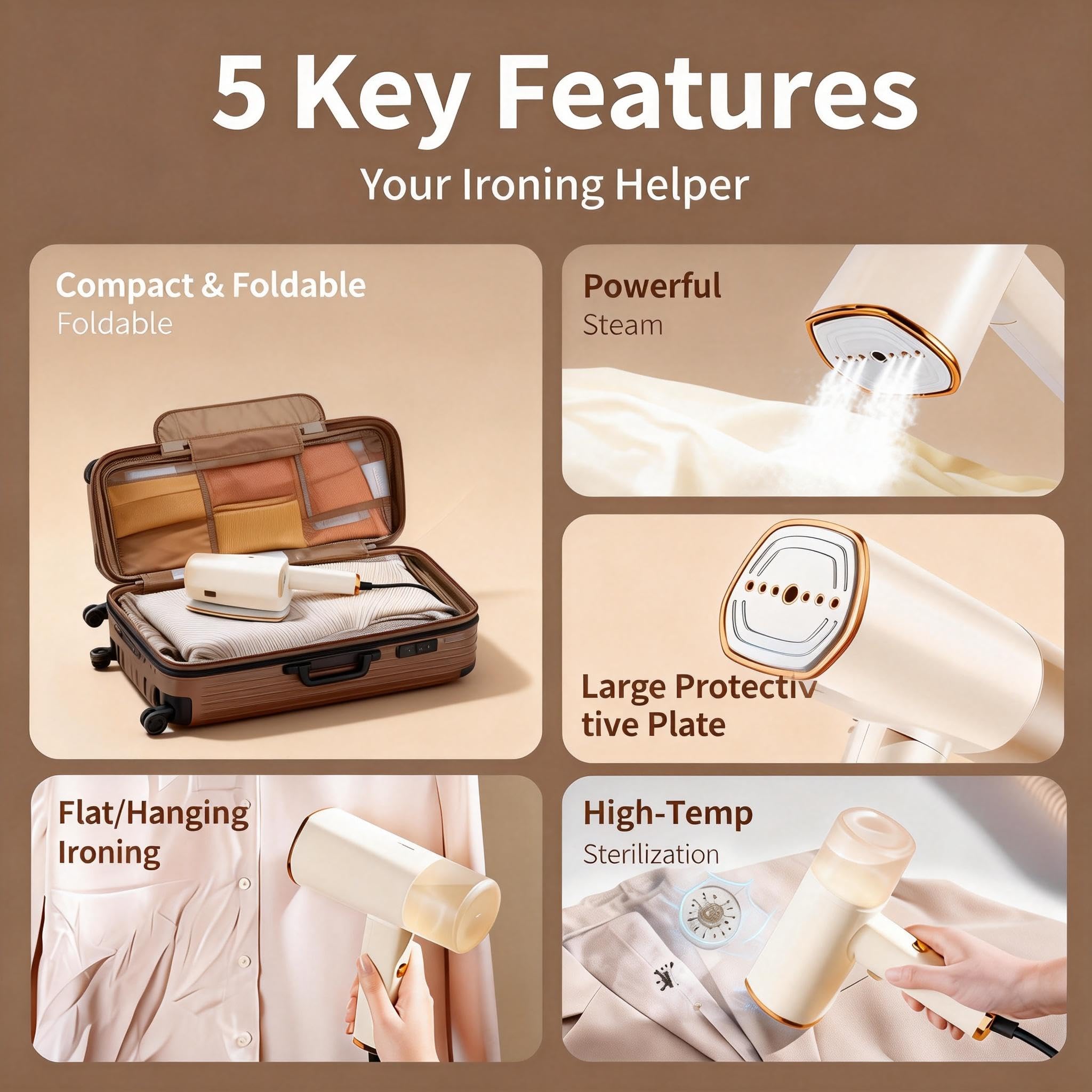 Toplepor Foldable Handheld Garment Steamer 1500W Fast Heat Portable Steam Iron with Detachable Tank