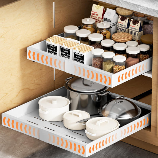 YJHome White Expandable Pull-Out Cabinet Organizer – No-Drill Adjustable Slide-Out Drawers with 3-Rail System (2 Pack)