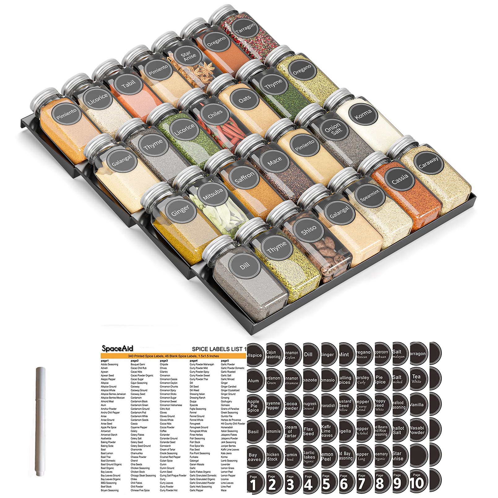 4-Tier Drawer Spice Organizer Set with 28 Glass Jars & 386 Labels – Metal In-Drawer Spice Rack System