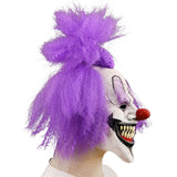 Purple Hair Clown Latex Mask – Full Head Adult Halloween Mask with Synthetic Wig & Glow Effect