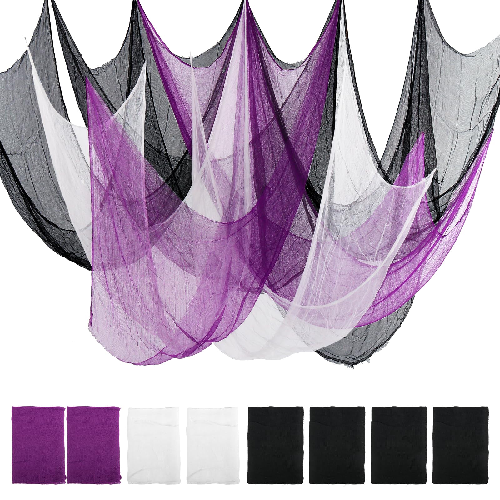 Halloween Creepy Cloth Set – 8 Pack Stretchable Gauze Fabric in Black, White & Purple for DIY Haunted Decorations (30x70 Inches Each)