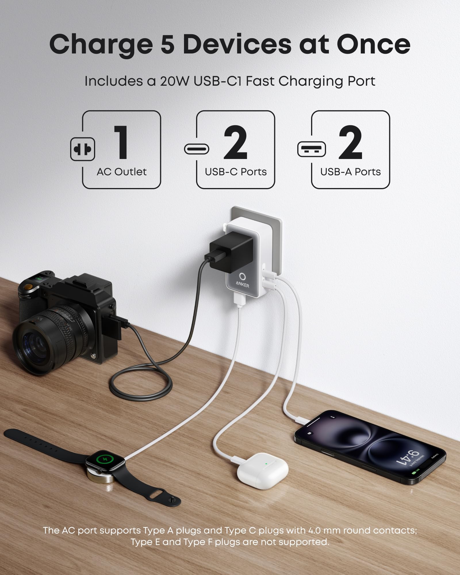 Anker Nano Universal Travel Adapter – 5-Port Compact Charger with USB-C Fast Charging (White)