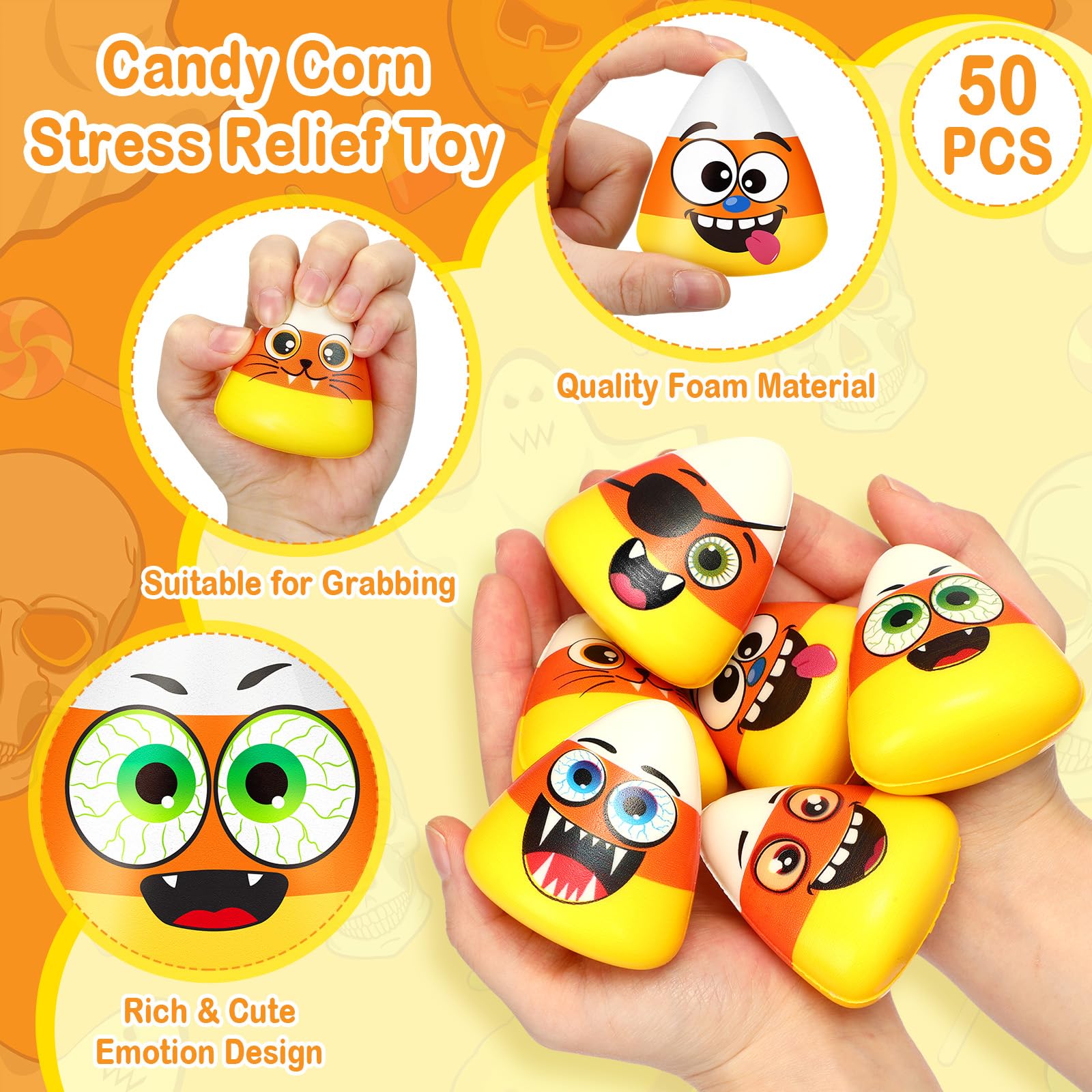 24 Pcs Mini Candy Corn Stress Relief Toys – Halloween Fidget Balls with Funny Expressions (Soft PU Foam, Party Favors & Anxiety Relief)