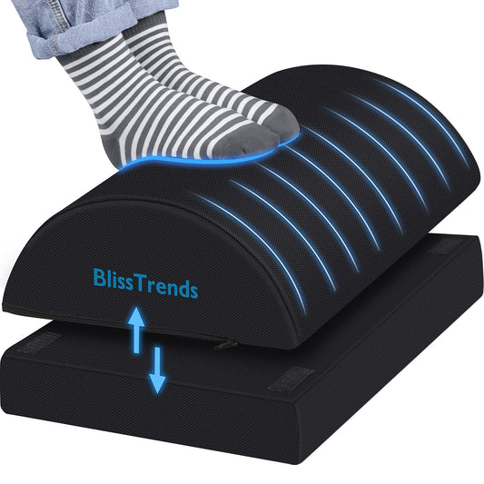BlissTrends Adjustable Memory Foam Foot Rest Under Desk – Ergonomic Foot Stool with Washable Cover & Dual Height Support Black