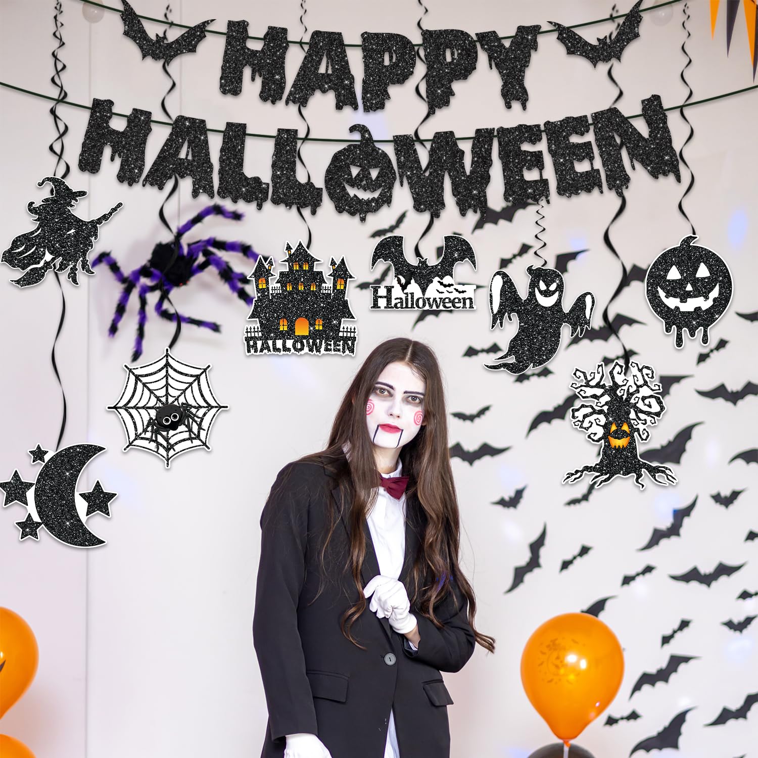 Happy Halloween Banner & Hanging Swirl Set – 17PCS Black & Orange Ceiling Decorations with Glitter Foil