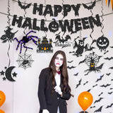 Happy Halloween Banner & Hanging Swirl Set – 17PCS Black & Orange Ceiling Decorations with Glitter Foil