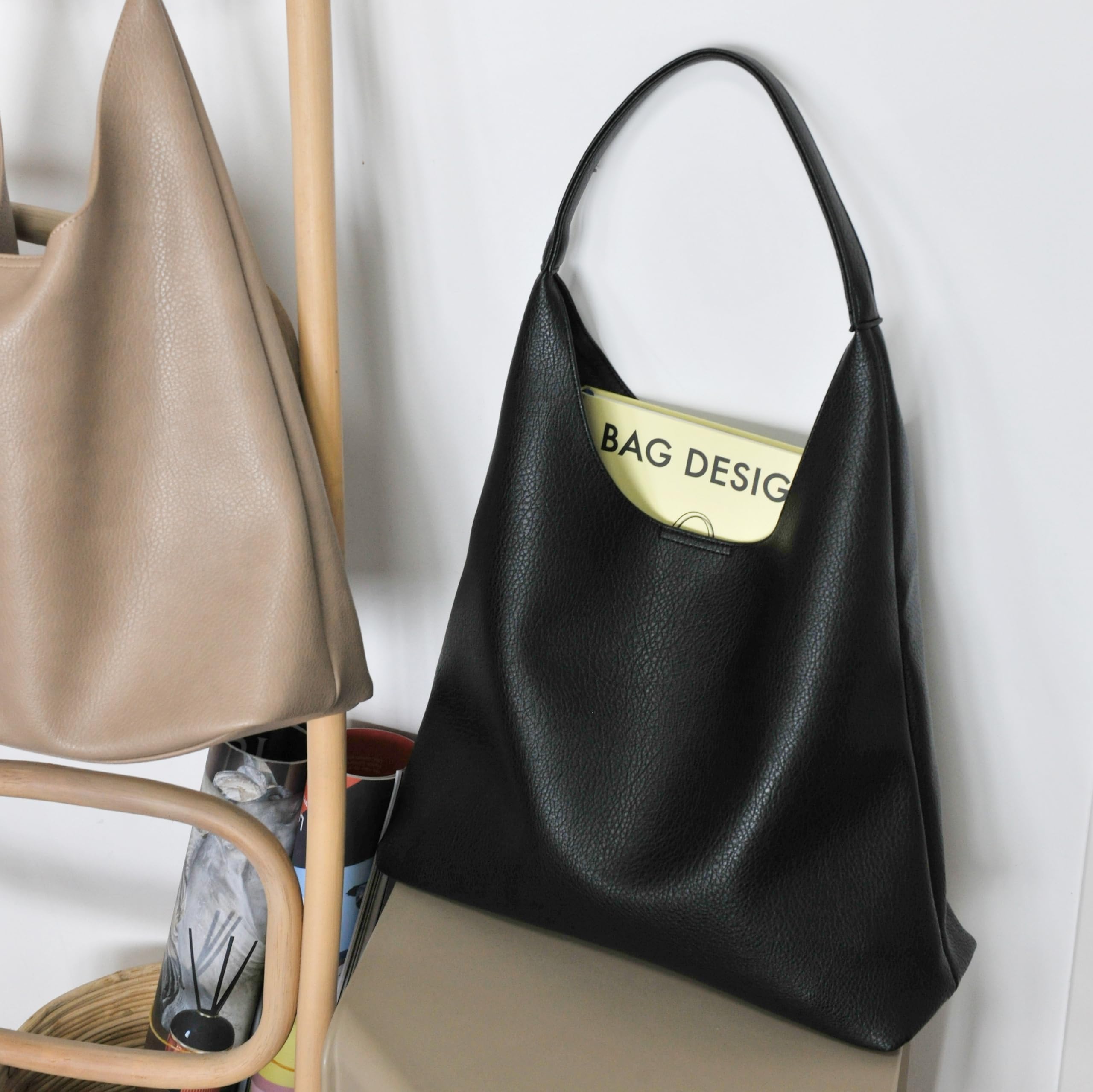 Soft Vegan Leather Hobo Bag for Women – Slouchy Shoulder Handbag with Spacious Interior (Black)