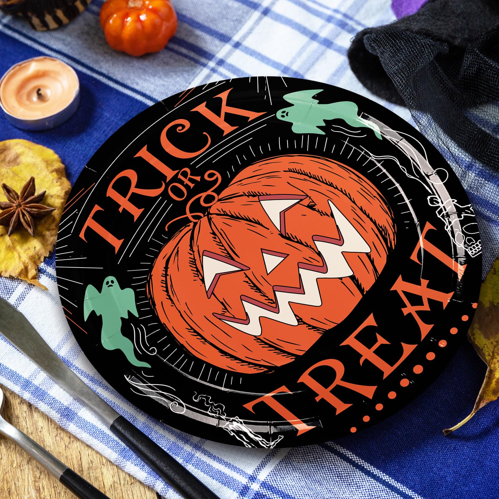 Halloween Vintage Plates – 40 Pcs Disposable 9" Paper Plates with Pumpkin, Cat, Bat & Skeleton Designs for Spooky Parties