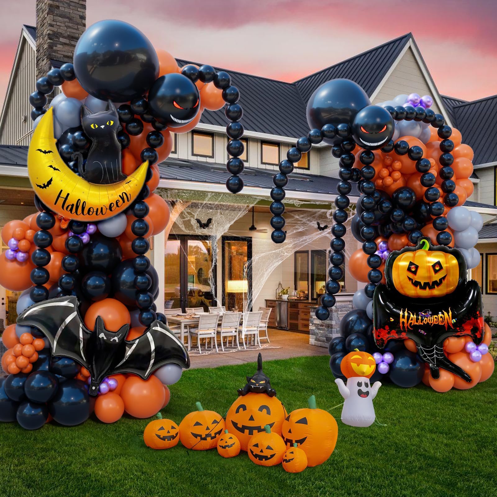 Halloween Balloon Garland Kit – 135pcs Black, Orange, Gray Balloons with Foil Bats, Cat Moon & Accessories