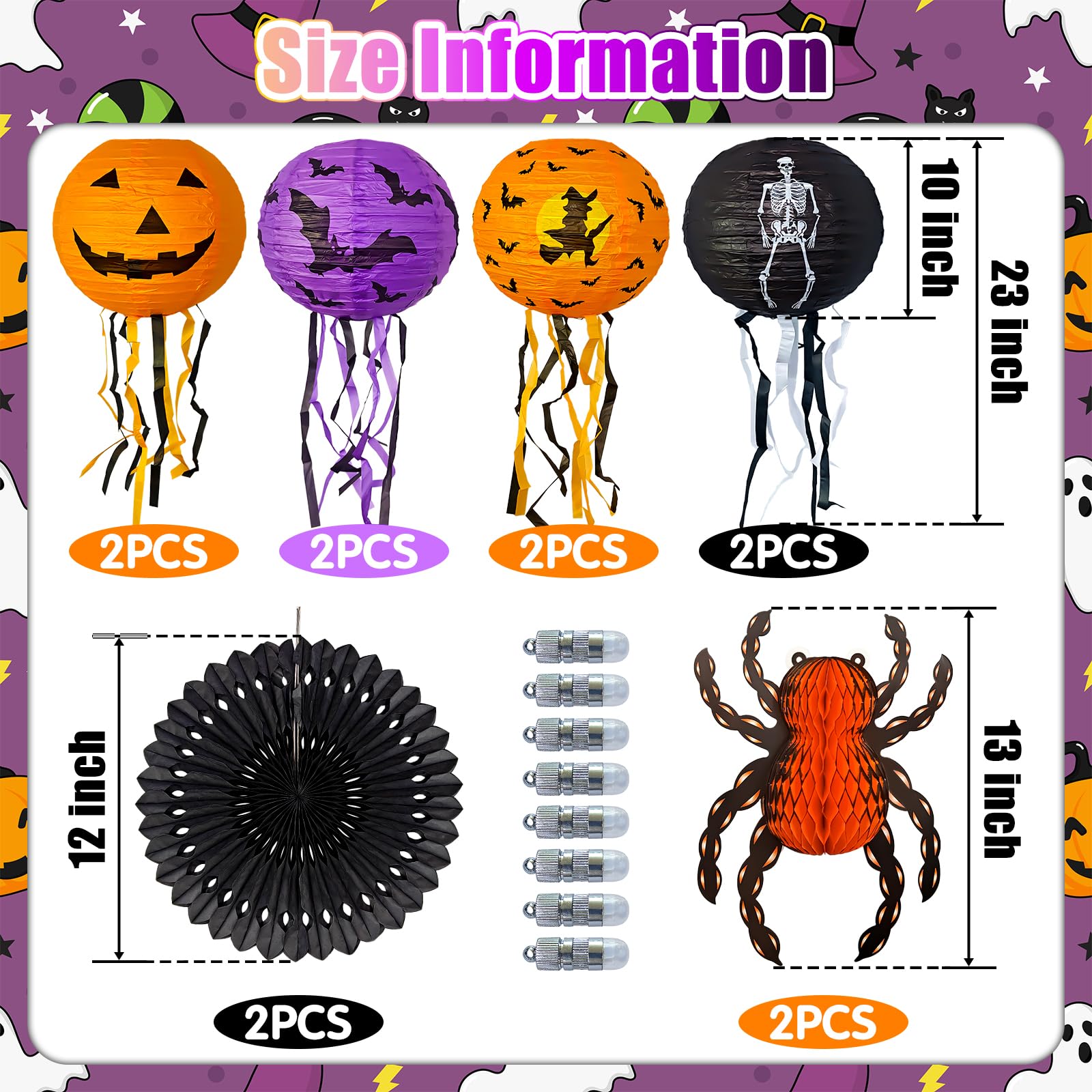 Halloween Classic Party Decoration Set – 10-Piece Paper Lantern & Hanging Décor Kit with LED Bulbs (Pumpkin, Skeleton, Bat, Witch & Spider Designs)