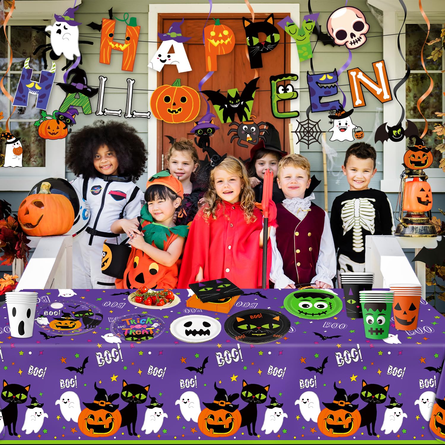 Halloween Party Supplies Set for 24 Guests – Includes Plates, Cups, Napkins, Tablecloth, Banner & Hanging Swirls – Complete Halloween Tableware & Decorations Kit