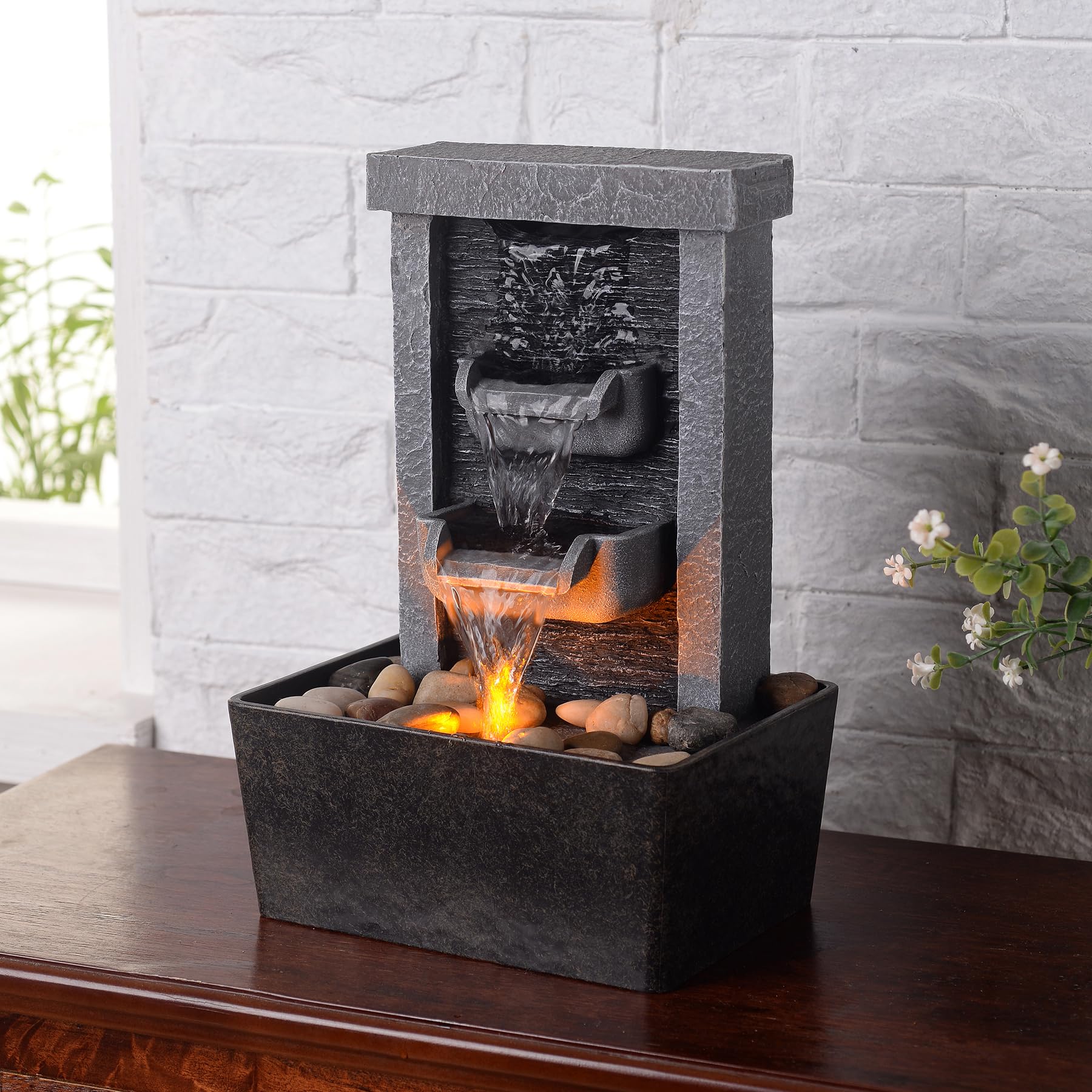 Yellow LED Tabletop Waterfall Fountain – Resin Indoor Desktop Zen Water Feature (110V US Plug)