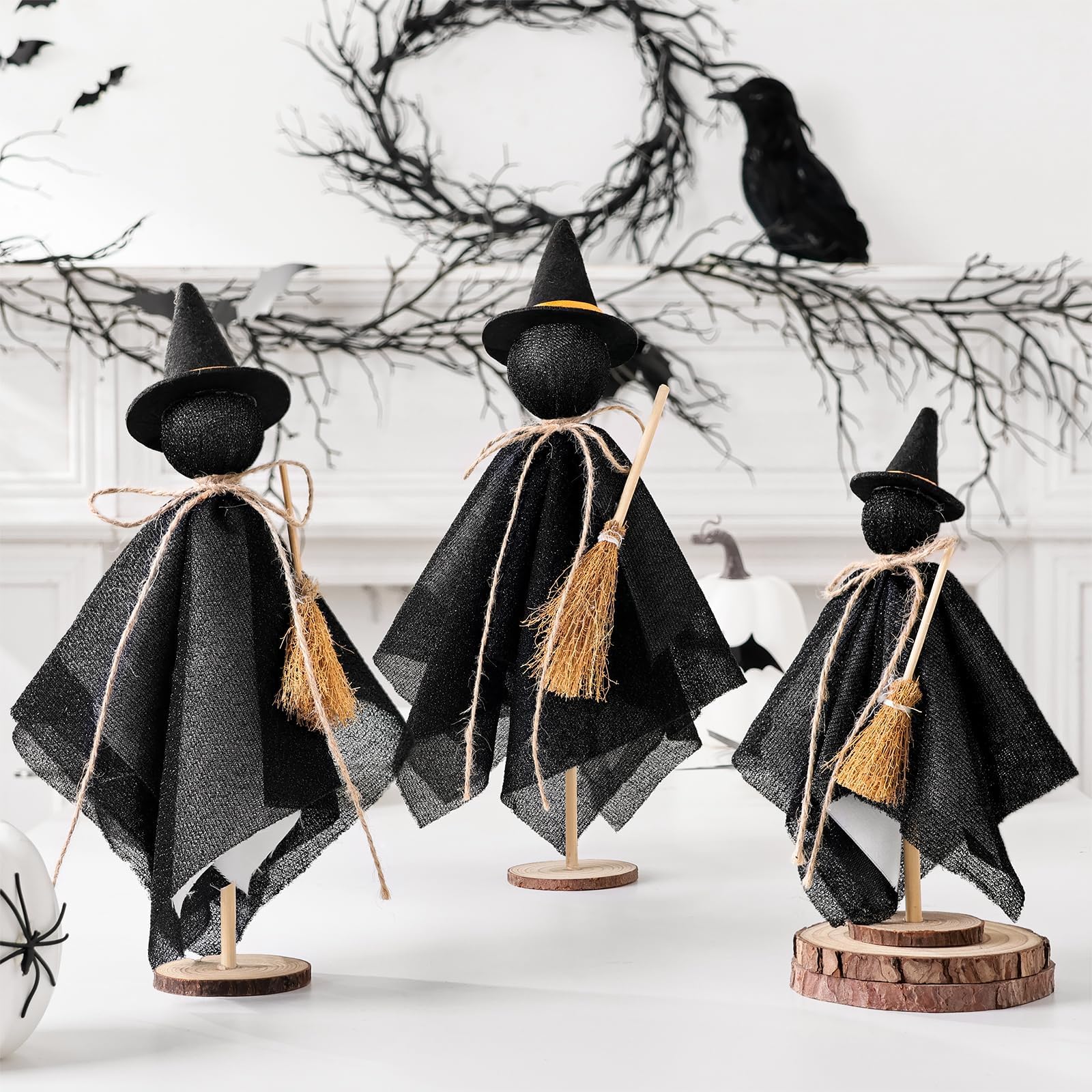 Black Witch Hat Table Decor – Set of 3 Rustic Halloween Witches for Desk, Shelf & Mantel Decorations