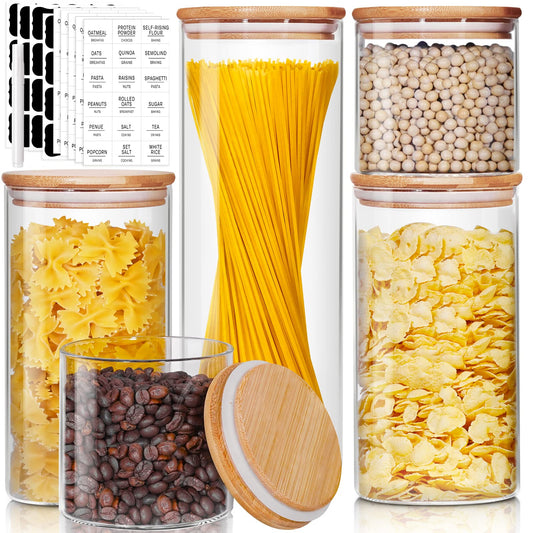 HD Clear Glass Pantry Jars with Bamboo Lids – 5-Piece Borosilicate Storage Set (Multi Size)