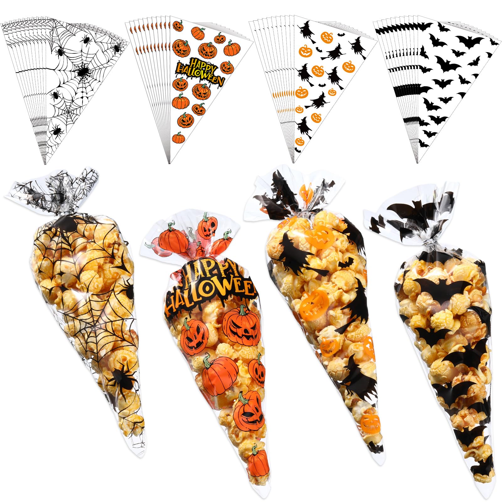 200 Pcs Halloween Cone Treat Bags – Pumpkin, Ghost, Bat & Spider Designs for Candy, Cookies & Party Favors (Cellophane, 4 Styles)