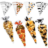 200 Pcs Halloween Cone Treat Bags – Pumpkin, Ghost, Bat & Spider Designs for Candy, Cookies & Party Favors (Cellophane, 4 Styles)