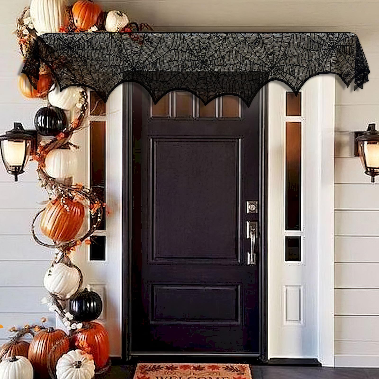 Black Lace Spider Web Mantel Scarf – Elegant Halloween Fireplace Decoration for Spooky Home Décor (18x96 Inches)