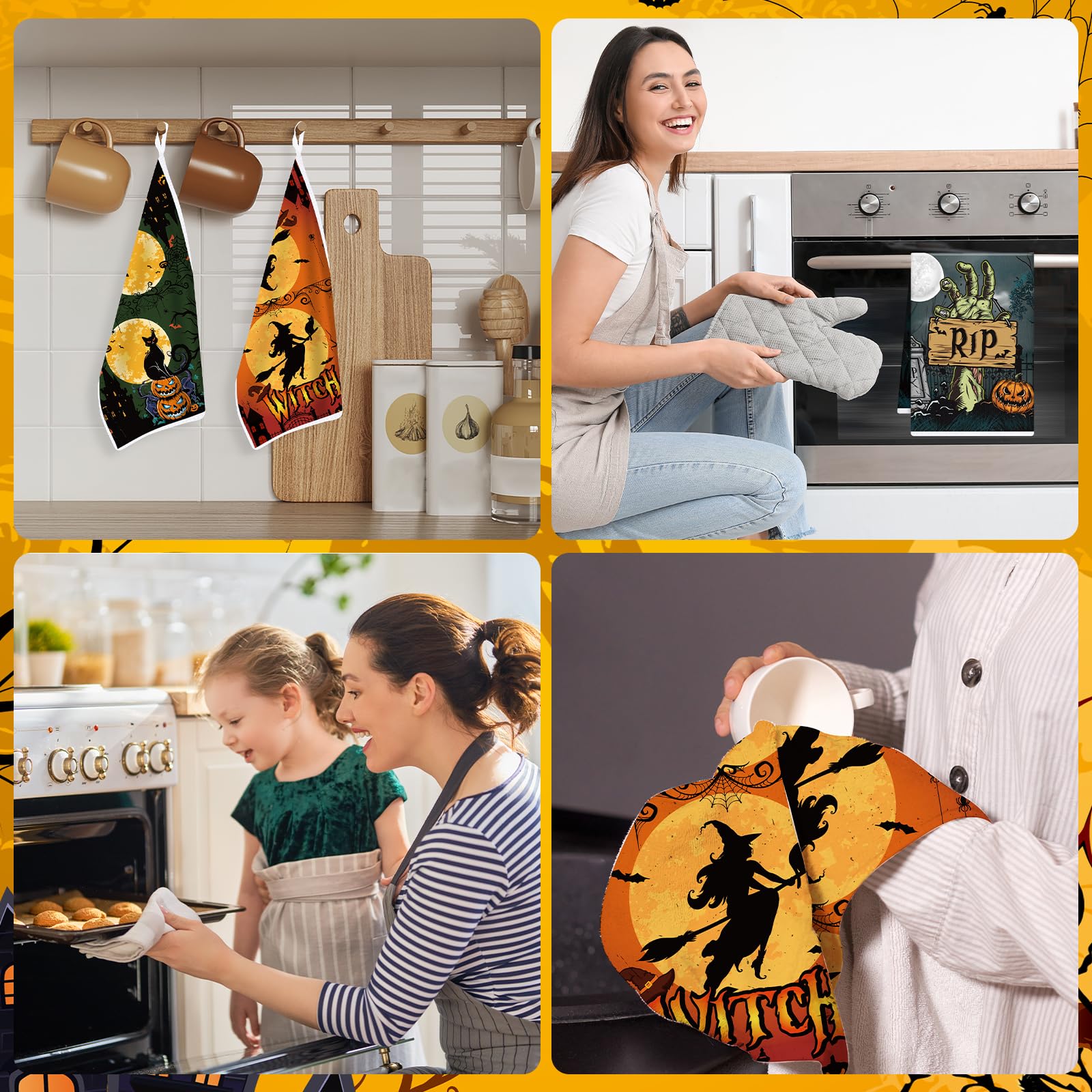 Halloween Kitchen Towels Set of 4 – Spooky Multicolor Microfiber Dish & Hand Towels with Pumpkins and Black Cats