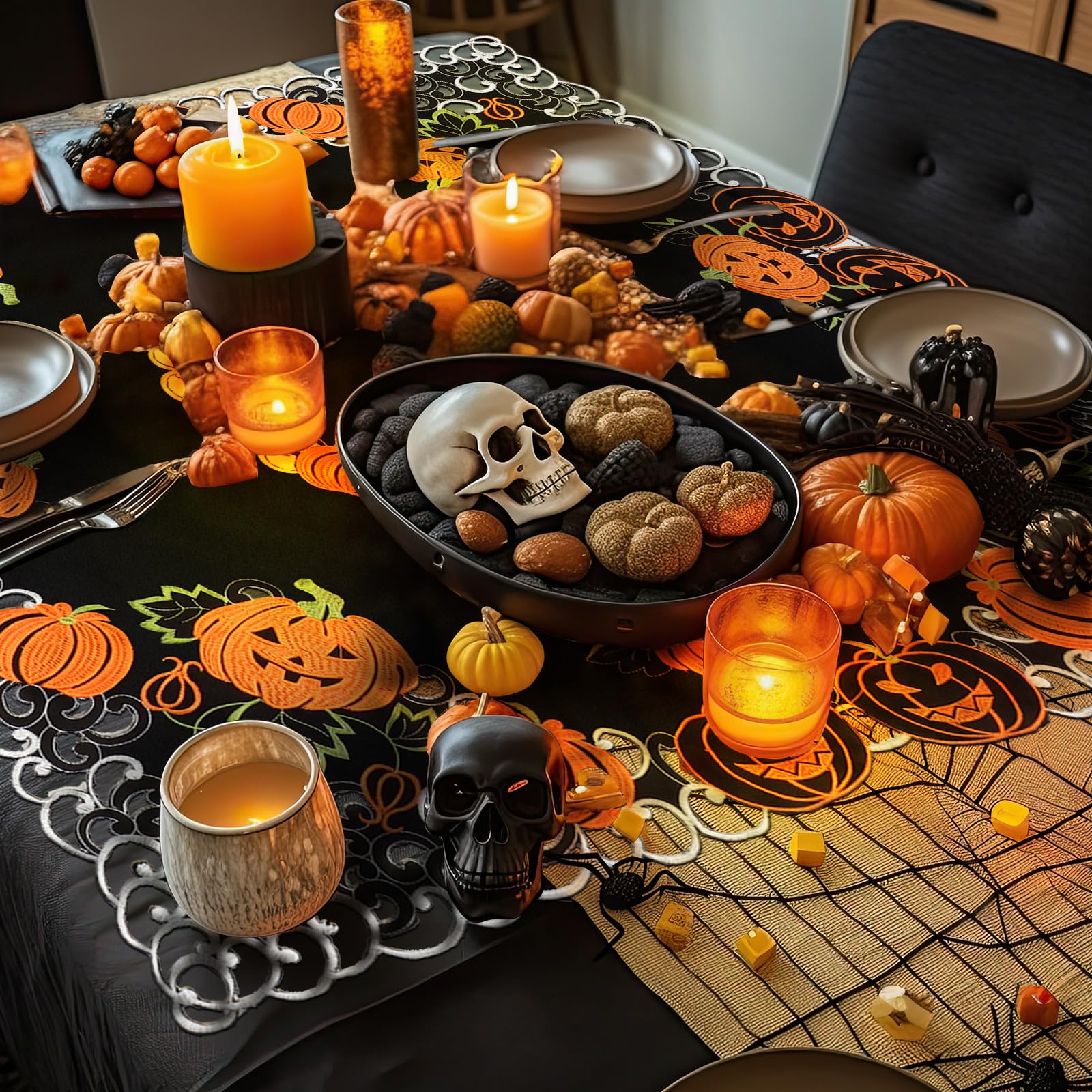 Halloween Pumpkin Embroidered Tablecloth – Square 33.8" x 33.8" Black & Orange Polyester