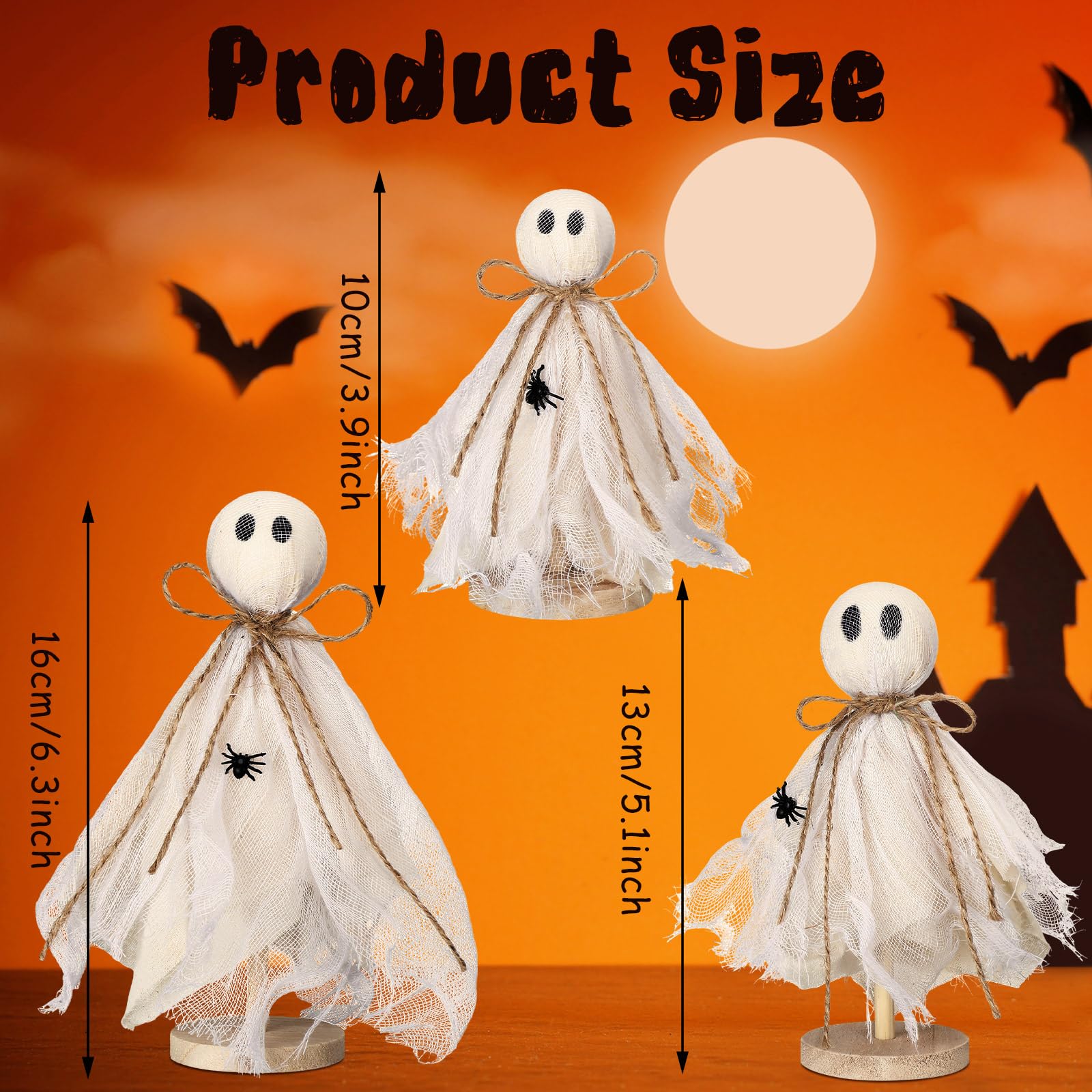 Set of 3 Wooden Ghost Shelf Sitters – Rustic Halloween Fabric Ghost Decorations for Table, Mantel & Tiered Tray