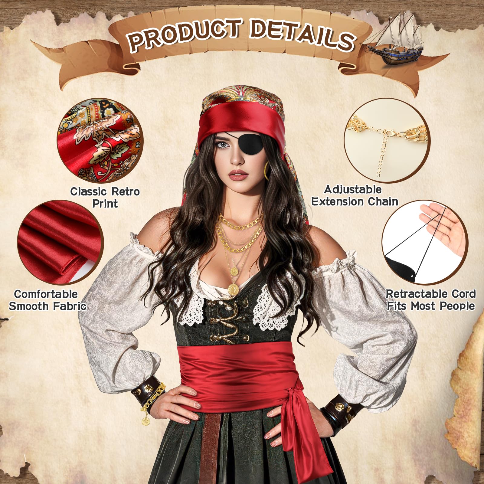 Red Pirate Accessory Set for Women – Bandana, Sash, Necklace, Bracelet, Eye Mask & Earring Kit