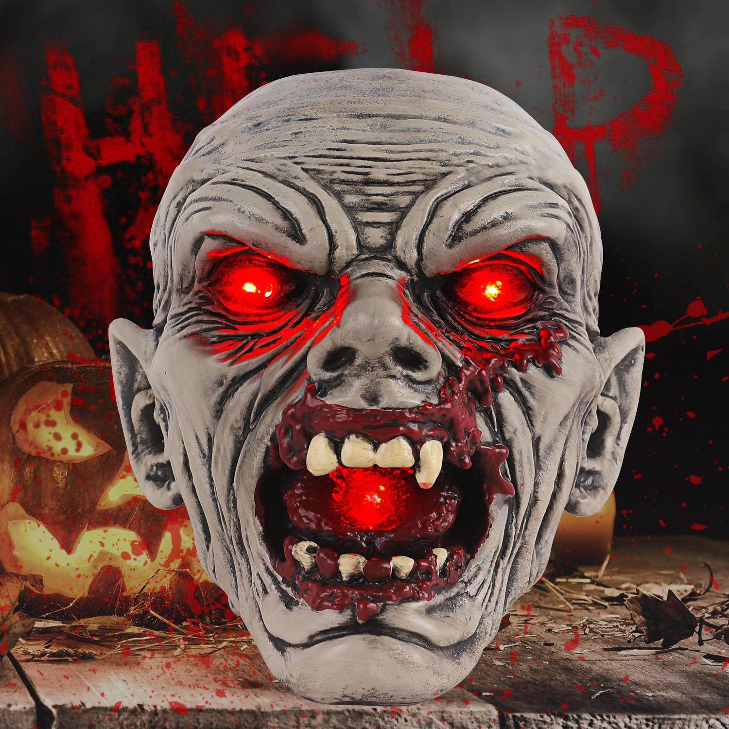 Solar-Powered Zombie Head Halloween Decor – Realistic Resin Outdoor Statue with Light-Up Eyes & Mouth