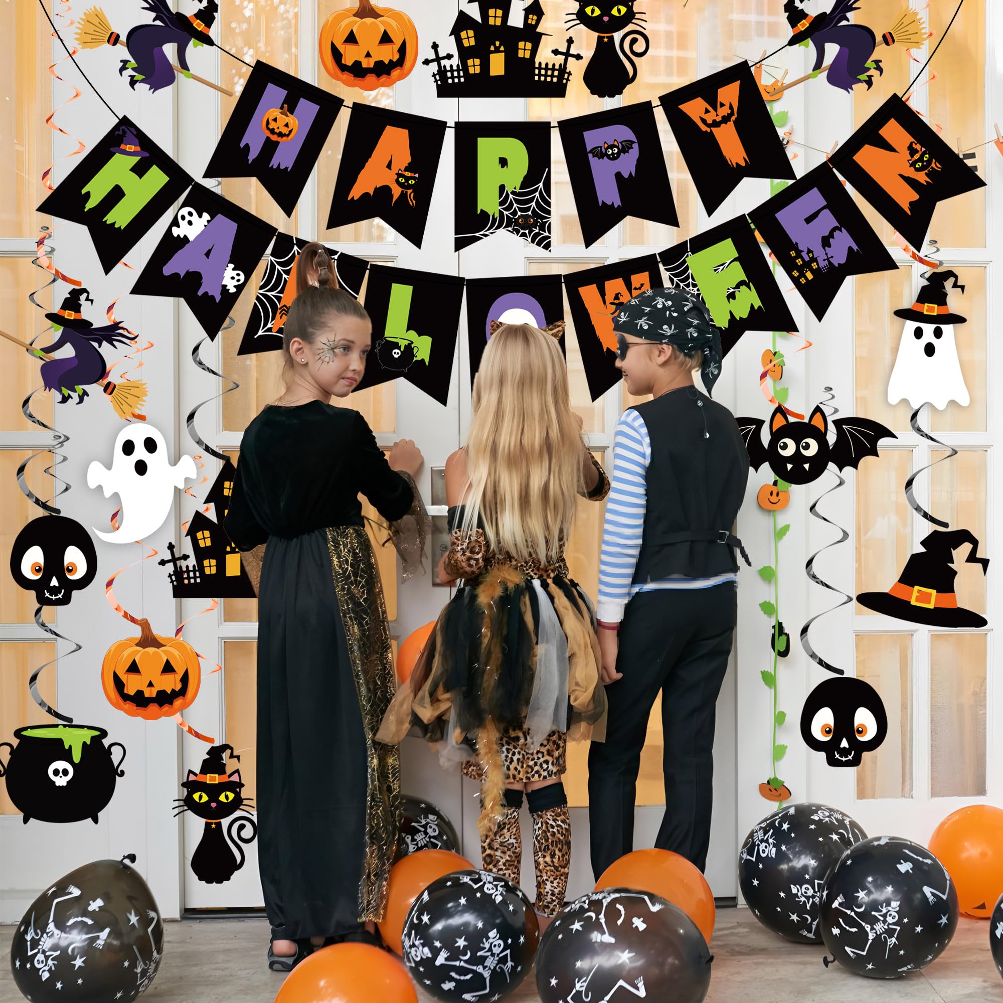 Happy Halloween Banner & Hanging Swirls Set – 32PCS Multicolor Party Decorations with Witches, Ghosts & Pumpkins