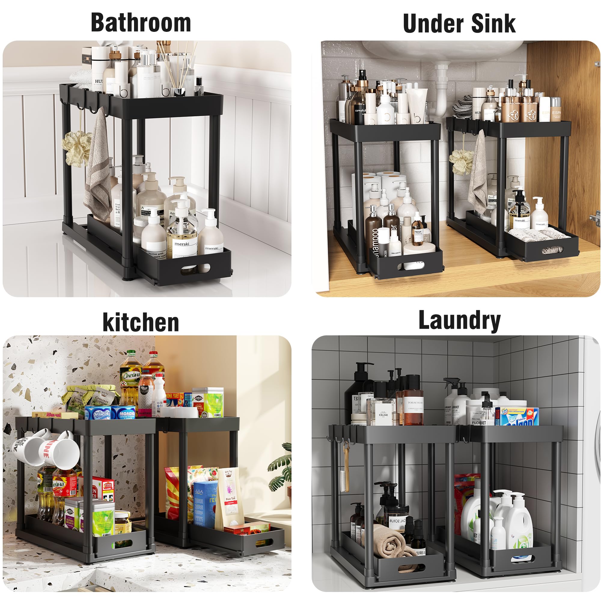 POUGNY Under Sink Organizer 2-Pack – Heavy Duty Pull-Out Cabinet Storage with Anti-Slip Base, Black PRO