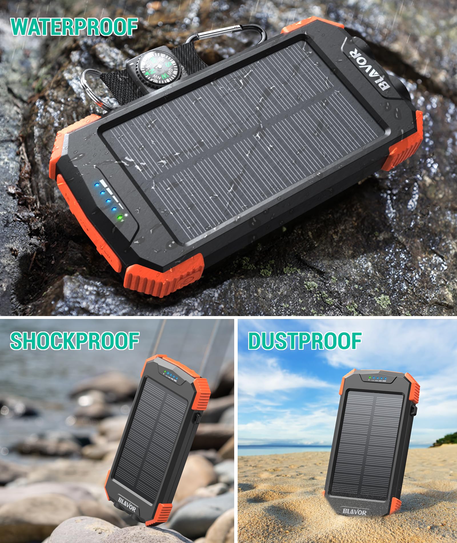 BLAVOR 10000mAh Solar Power Bank with 20W USB-C Fast Charging, Wireless Charging, Dual Flashlight & Compass – Waterproof Outdoor Portable Charger for iPhone, Samsung & Camping