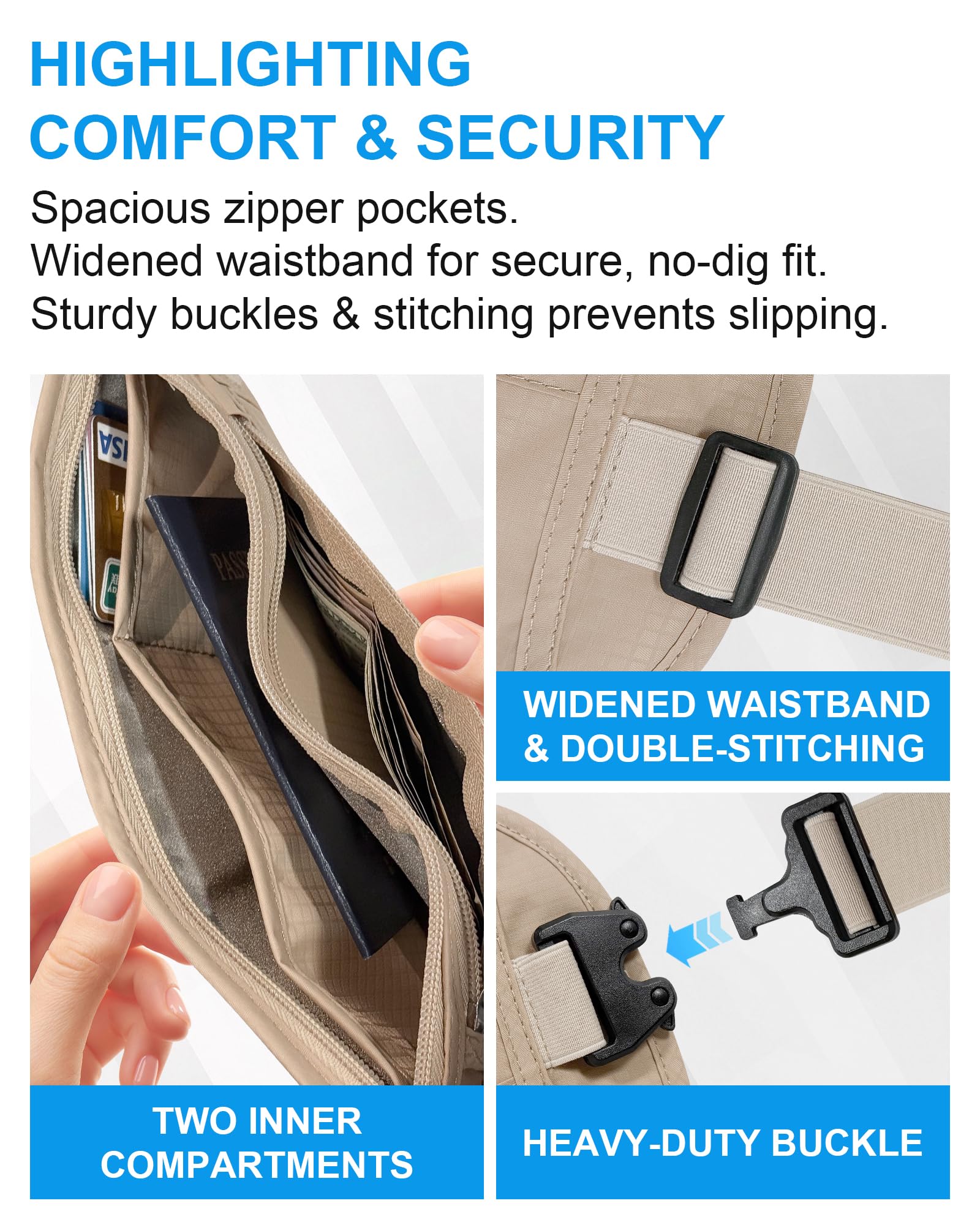 Hidden Travel Money Belt with RFID Blocking – Sweat-Proof Waist Wallet for Secure Storage (Beige)