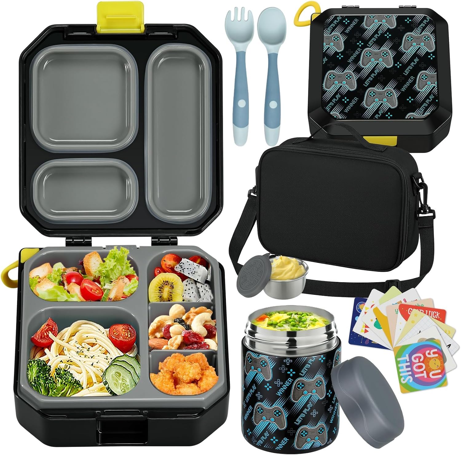 Black Gamepad Bento Lunch Set with 12 oz Food Jar