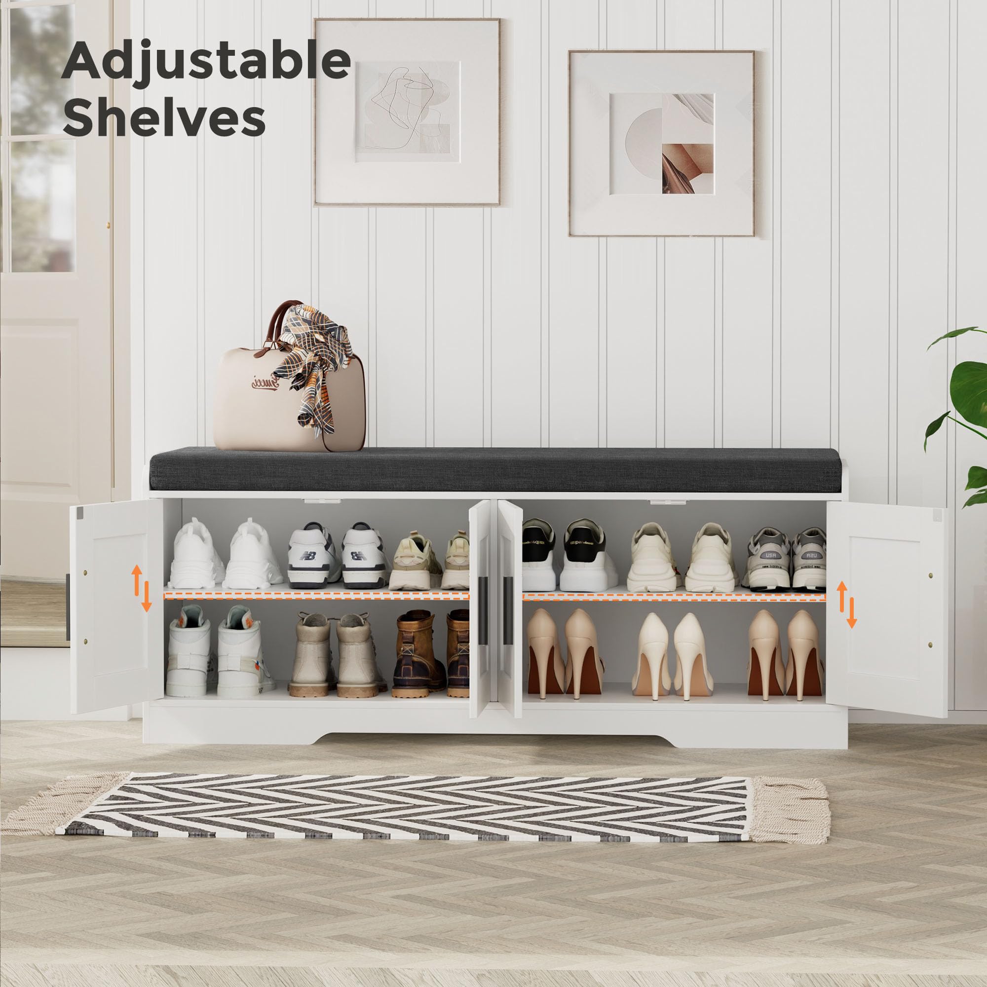 HOMLEKE 2-Tier Shoe Storage Bench with Padded Seat – Modern Entryway Bench with Adjustable Shelves & Doors (White)
