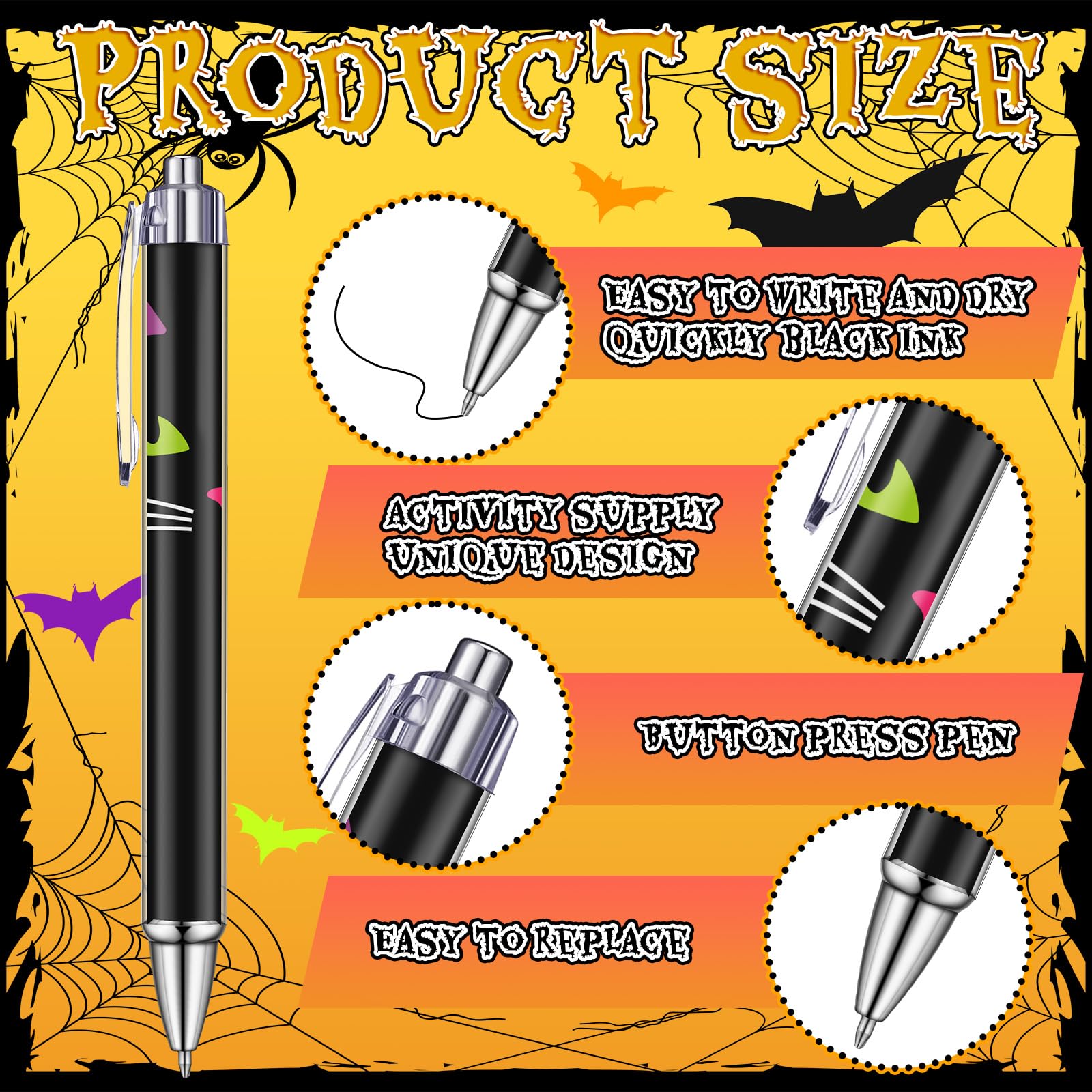 Halloween Ballpoint Pens – 48 Pack Vivid Color Retractable Pens with Black Ink (Durable Plastic, Smooth Writing)