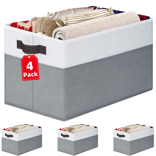 Large Fabric Closet Storage Baskets (4-Pack) – Decorative Collapsible Organizer Bins with Handles, White & Grey