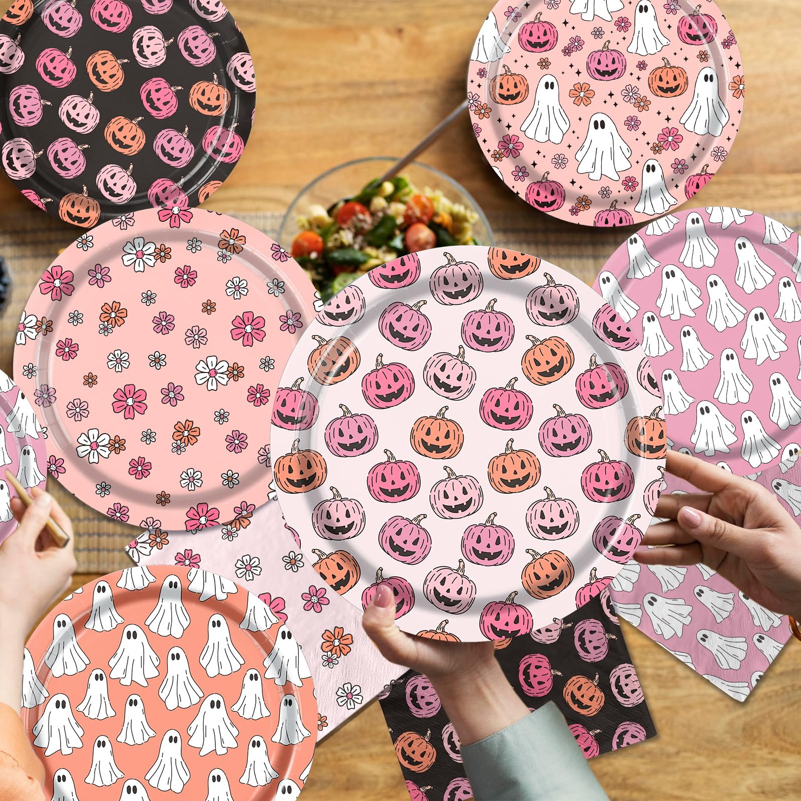 Pink & Black Halloween Party Plates Set – 60 Pcs Disposable Plates & Napkins with Pumpkin & Ghost Designs for Birthday & Baby Shower