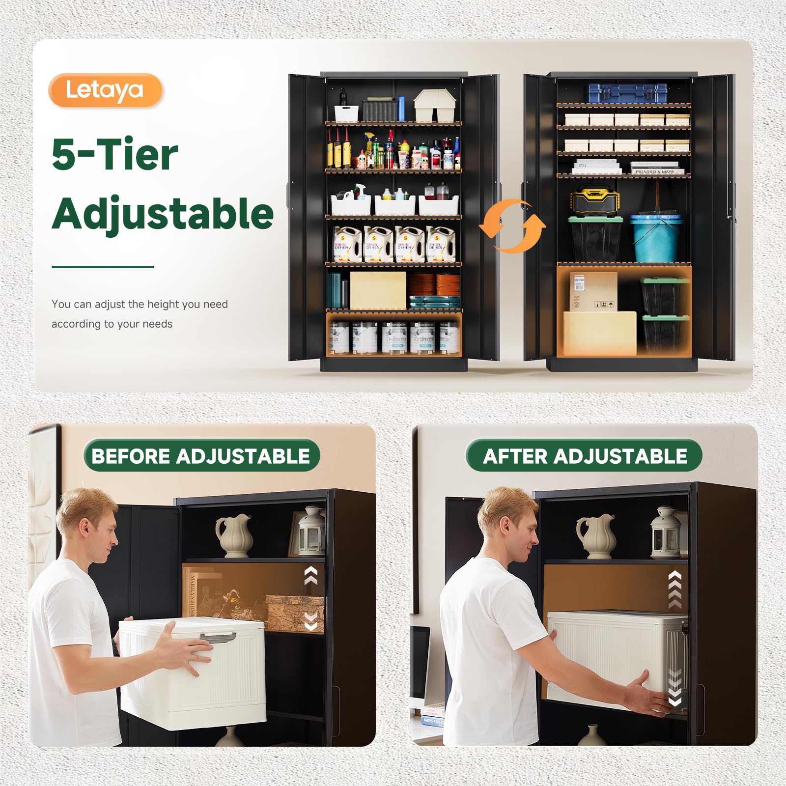 LETAYA Heavy-Duty Metal Storage Cabinet with Locking Doors – Tall Steel Locker with Adjustable Shelves for Garage & Office (Black)