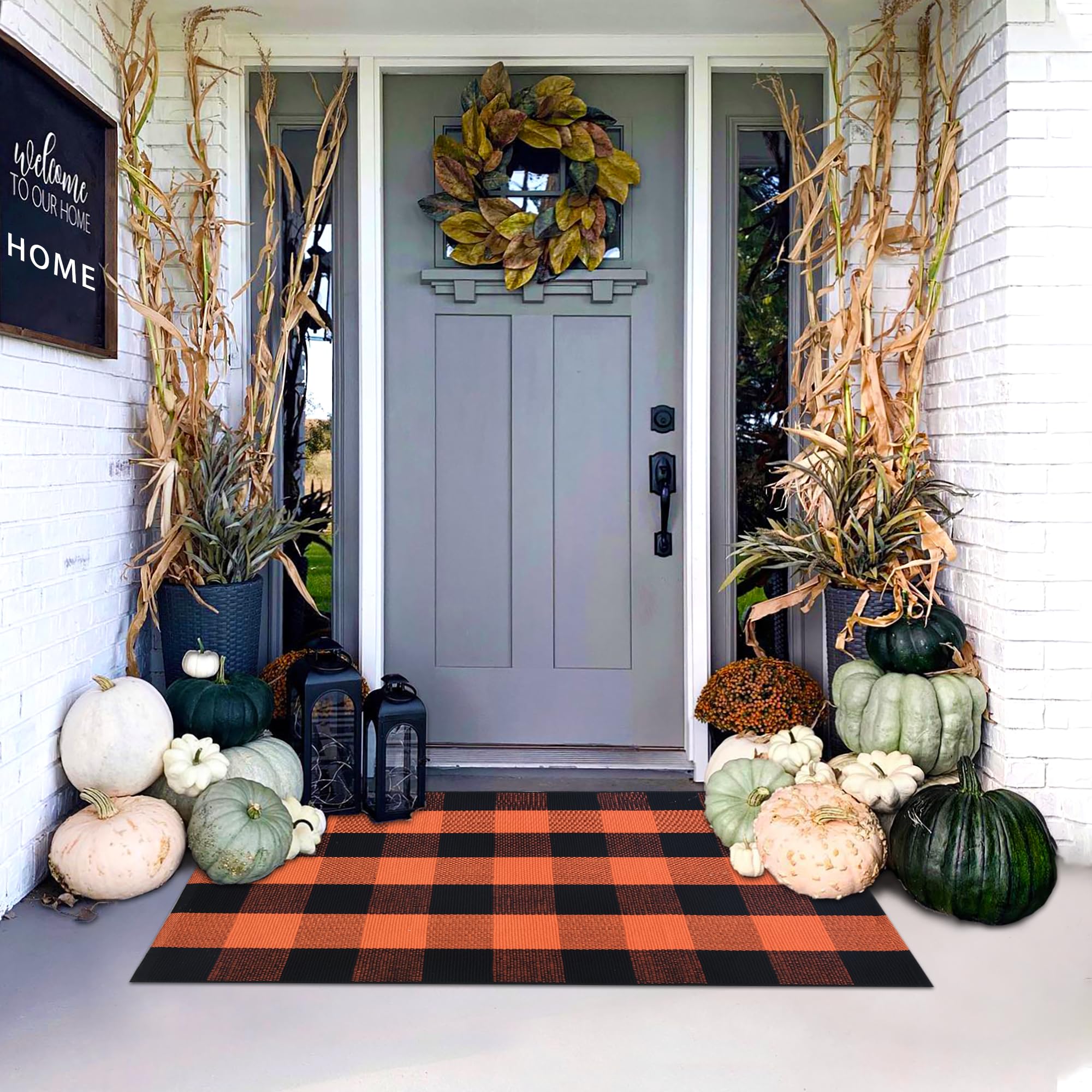 Orange & Black Plaid Cotton Rug – 28x43" Washable Fall Doormat for Porch, Entryway & Halloween Decor