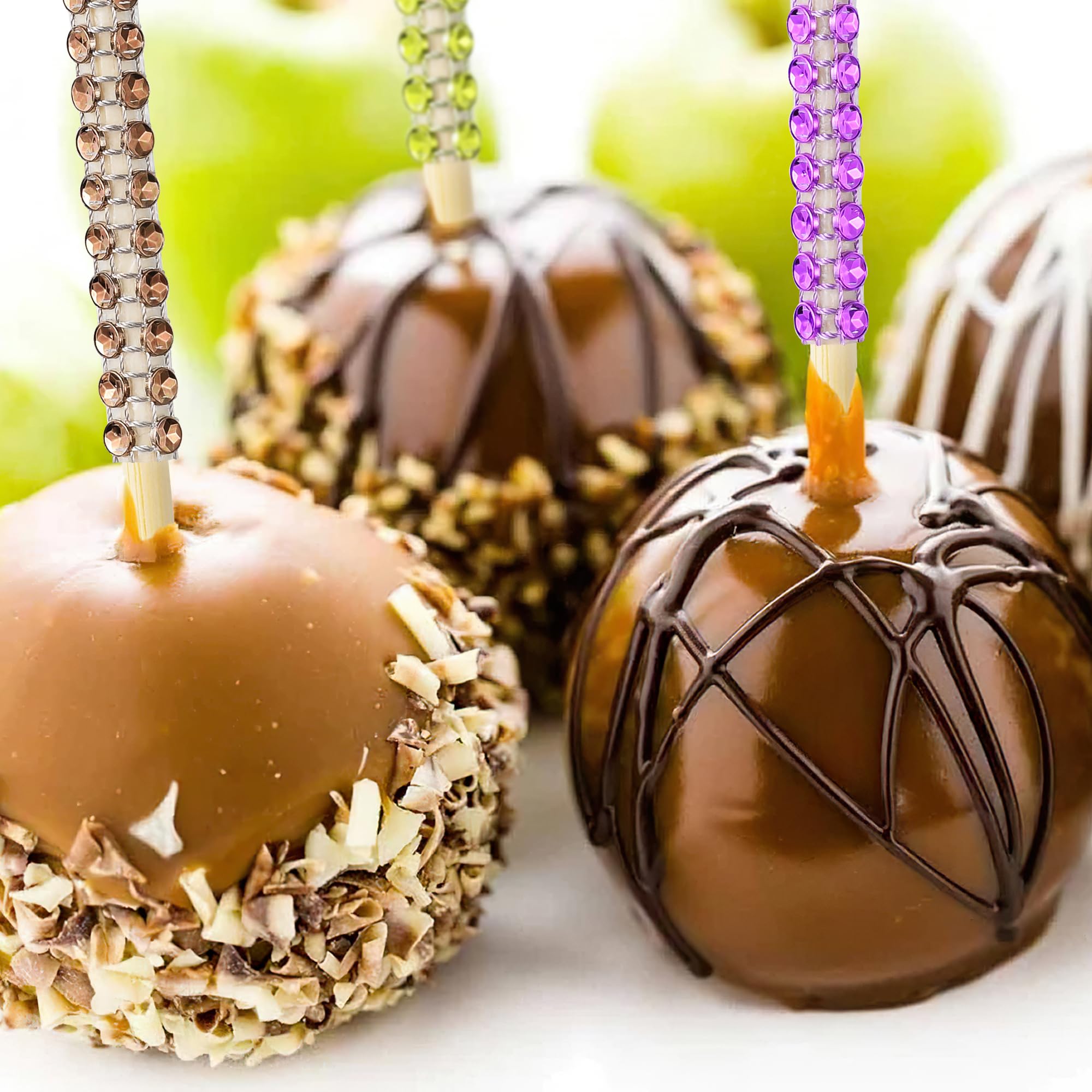 Luxury Candy Apple Stick Kit – 24 Rhinestone Sticks, 24 Bags, Silver Ribbon & Scissors – Black + Silver Caramel Apple Decorating Set