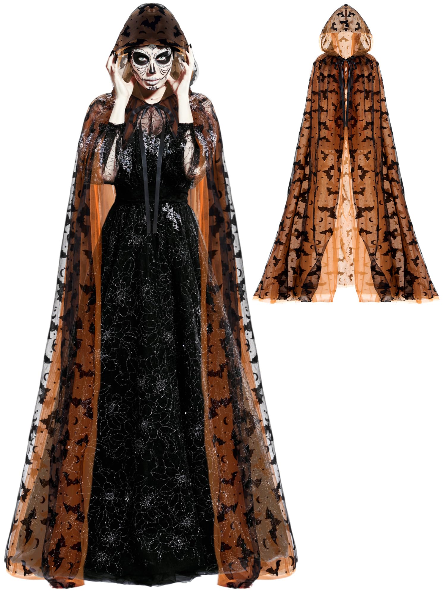 Orange Witch Lace Hooded Cape – Gothic Bat Pattern Halloween Cloak for Women