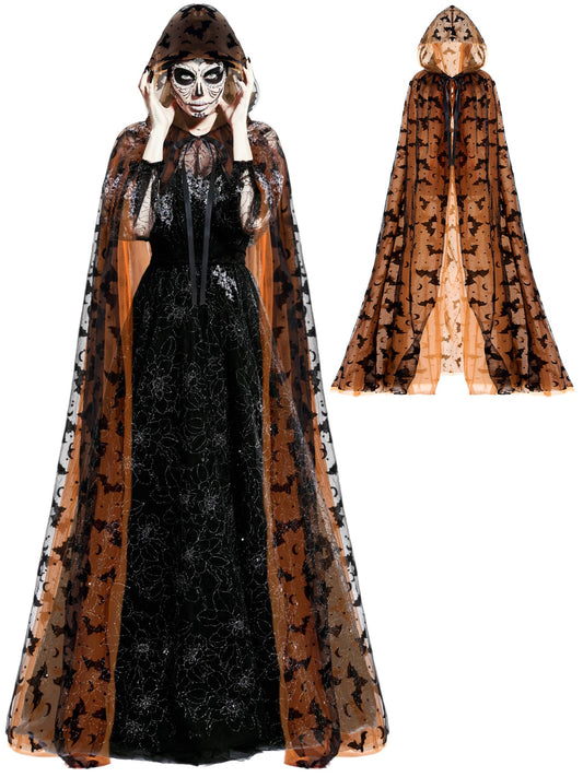 Orange Witch Lace Hooded Cape – Gothic Bat Pattern Halloween Cloak for Women
