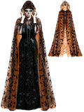 Orange Witch Lace Hooded Cape – Gothic Bat Pattern Halloween Cloak for Women